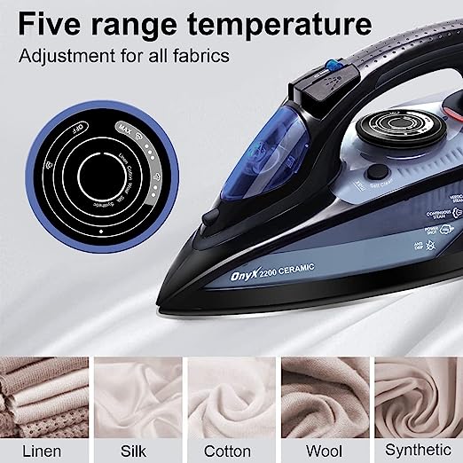 Inalsa Steam Iron Onyx 2200 Watt, Quick Heat Up with up to 30 g/min steam, 100 g steam Boost, Water Spray, Scratch Resistant Ceramic Soleplate, Vertical steam, Anti Drip & Anti Calc Functions. Inalsa Steam Iron Onyx 2200 Watt, Quick Heat Up with up to 30 g/min steam, 100 g steam Boost, Water Spray, Scratch Resistant Ceramic Soleplate, Vertical steam, Anti Drip & Anti Calc Functions.
